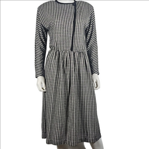 Vintage 80s IFI Black White Houndstooth Knit Long Sleeve Midi Fit & Flare Dress